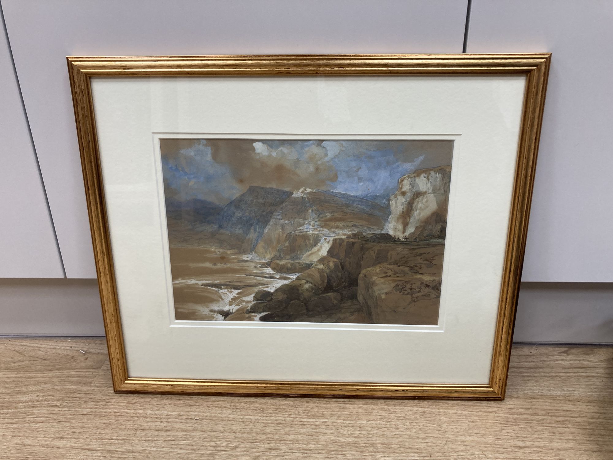 19th century English School, watercolour, Mountain scene, indistinctly inscribed ... Bianco, 23 x 33cm